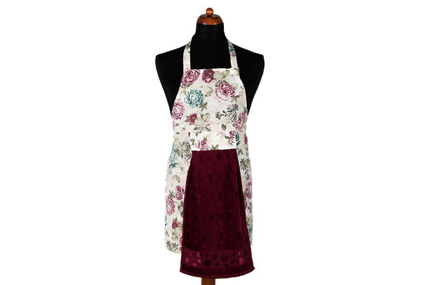 Dekonaz Çiçek Desenli Mutfak Önlüğü | Bordo Havlu ve El Bezi Hediyeli | 73cm x 59cm