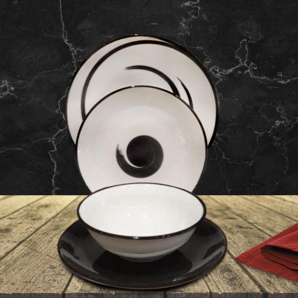 Asaf 24 Parça Porselen El Yapımı Yemek Takımı Siyah Dekorlu 