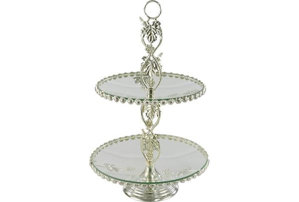 Duygu 2 Katlı Etajer Servis Tabağı | Cam Metal | Gümüş