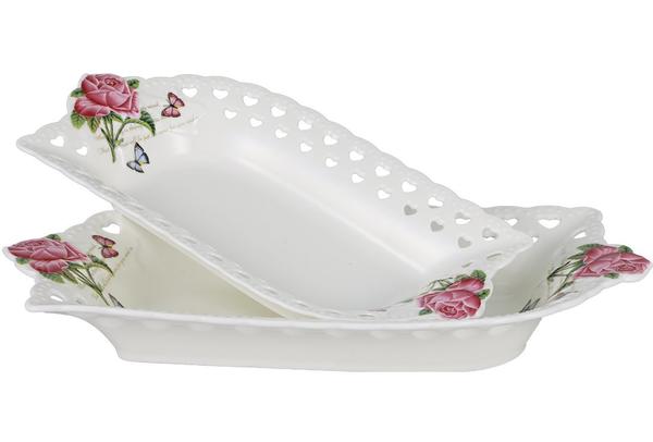 Almina | 2-er | Dekorativ | Porzellan | Servierschüssel | Servierschale | Weiß & Rosa | Mit Herz- und Rosenmuster | AL-1105
