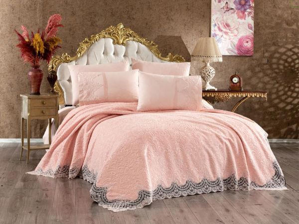 Çeyiz Diyarı Fransız Güpürlü Hümay Battaniye Takımı Pudra