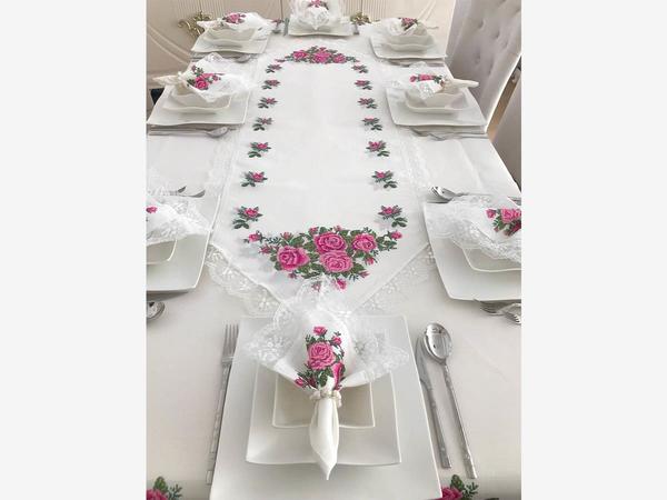 Cross Stitch Printed Guipure Four Roses Tablecloth Set 18 Pieces Pink