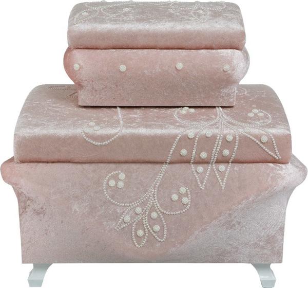 Dekonaz 2'li Çiçek Desenli İnci Süslemeli Çeyiz Sandığı | Pembe | Dt-0004-p