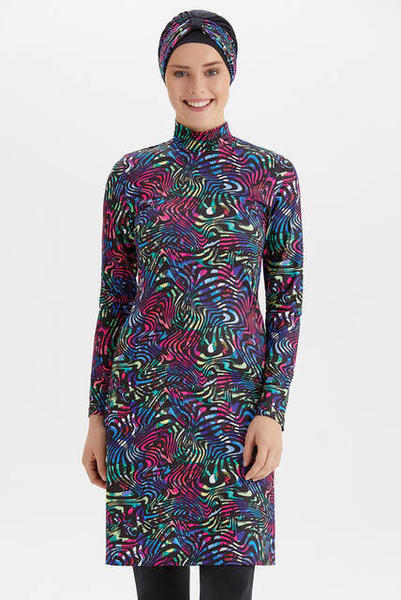 Tesmay Zayıf Gösteren Büyük Beden Tesettür Tam Kapalı Mayo 335-20 - Siyah