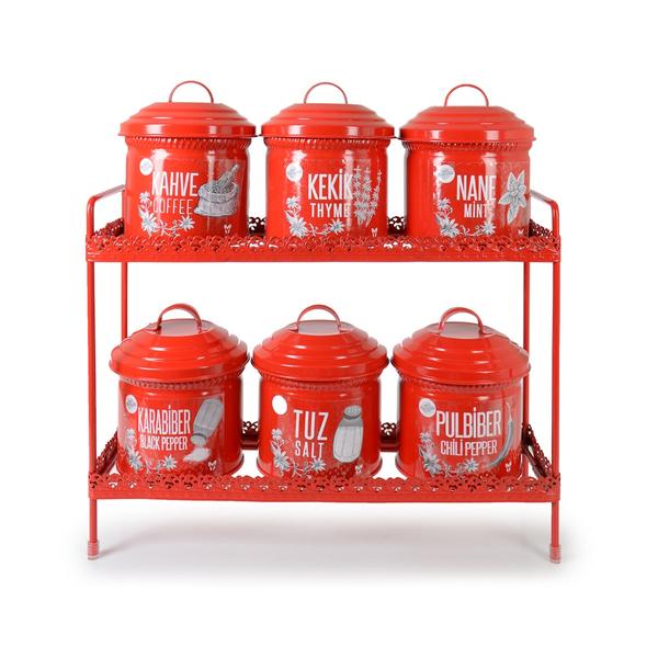 İpek Züccaciye | 6'lı Kırmızı Metal Standlı Baharat Takımı