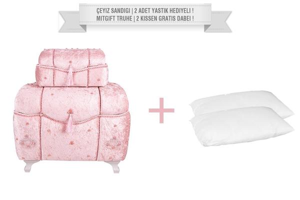 Dekonaz 2'li Dantel İnci Süslemeli Çeyiz Sandığı | 2 Adet Yastık Hediyeli !