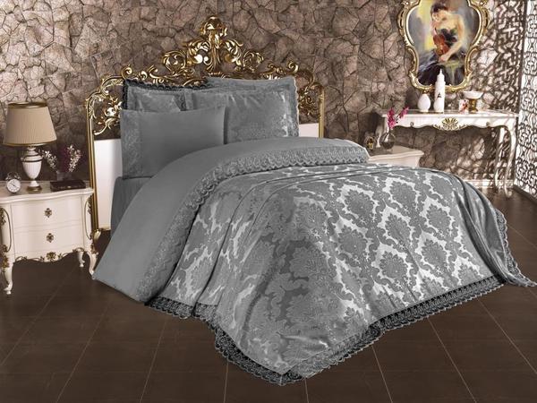 طقم زفاف Lalezar من الدانتيل الفرنسي 7 قطع رمادي