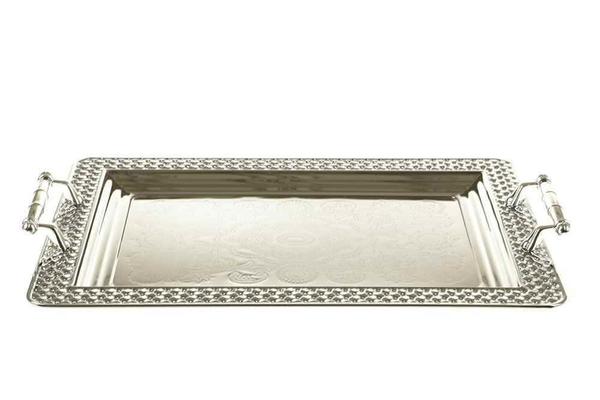 Almina Köşeli Tepsi Seti | 2 Parça | Gümüş | Çiçek Desen Kulplu | AL-8754-3