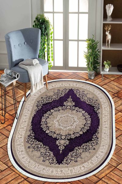 Birkilim Oval Yıkanabilir İpeksi Kaymaz Taban Dekoratif Halı | MLN-IP-O-HT-1014