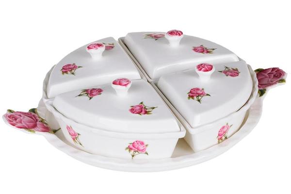 Duygu 9 Parça Gül Motifli Porselen Kahvaltı Kase Seti | Beyaz