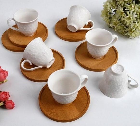 Bayev Beyaz 6 Kişilik Fincan Takımı Ve Ahşap Altlığı 101214-12-