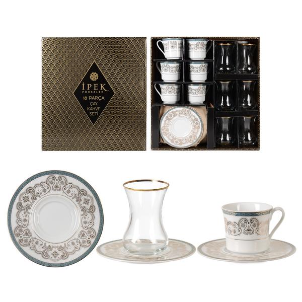 18 PARCA CAY & KAHVE SETI (GL-100 #OG-8465 GREEN&GOLD# & DMT-303 CAY BARD.) |IPEK-1010