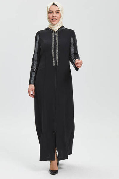 Derin Siyah - Gümüş Kapüşonlu Ferace 9127-20
