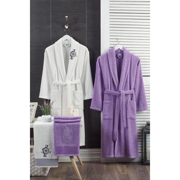 Ensemble de peignoir familial Forev 100% coton Blanc-Lavande L-XL