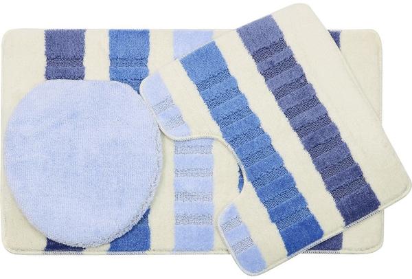 Duygu Çizgi Desenli 3 Parça Banyo Paspas Seti | Mavi | Ban-0022