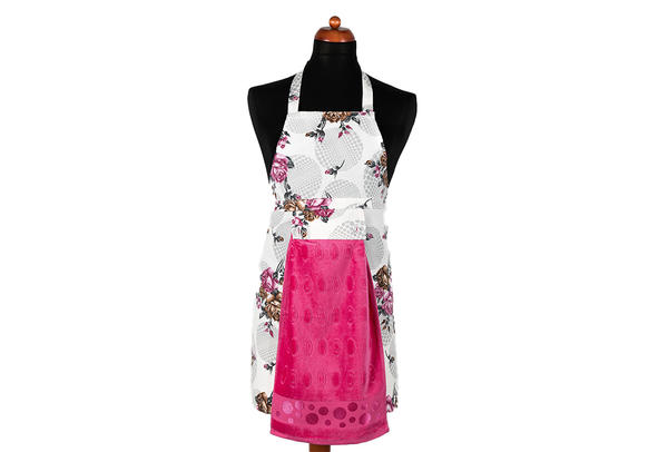 Dekonaz Çiçek Desenli Mutfak Önlüğü | Fuşya Havlu ve El Bezi Hediyeli | 73cm x 59cm