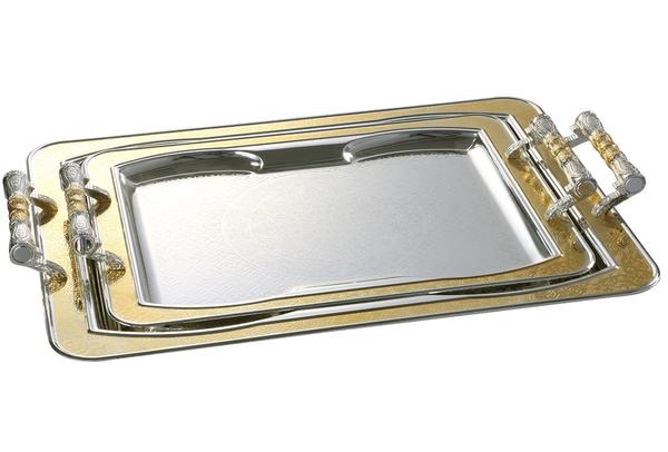 Almina Elegant Tepsi Seti 2 Parça Gümüş Oryantal Desen | Altın | Al-4534Gold