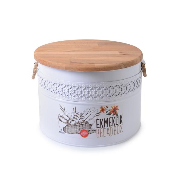 İpek | Beyaz Ahşap Kapaklı Yuvarlak Metal Ekmeklik | 952B