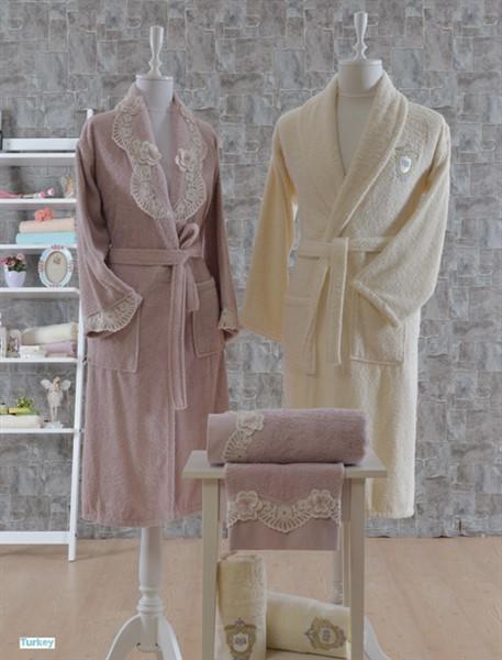 Minteks Princess 6 Piece Family Bathrobe Set Berthe Dried Rose-Cream