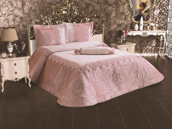 Fransız Güpürlü Çeyizlik Yatak Örtüsü Damla Pudra