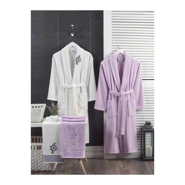 Forev طقم حمام قطن 100٪ عائلي - أبيض - ليلك L-XL