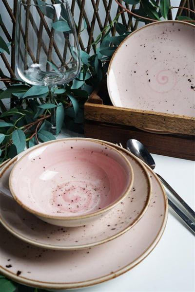 Asaf 24 Parça Porselen Reactive Pembe El Deseni Yemek Takımı