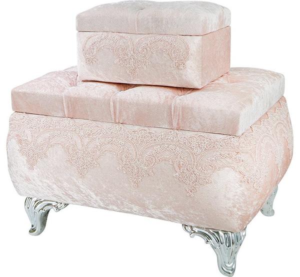 Dekonaz 2er Mitgift Truhe Spitzen Verzierung Silber Fuß | Puder | DT-301-pudra