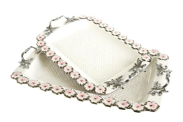 Almina Porselen Tepsi Seti 2 Parça Çiçek Desen