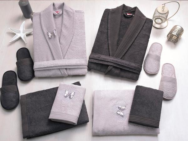 Ensemble Peignoir Bambou 3D Brodé Boîte Coton Gris Anthracite