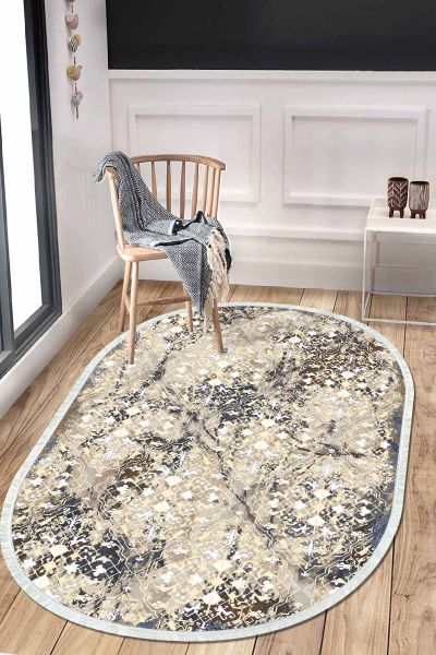 Birkilim Oval Yıkanabilir İpeksi Kaymaz Taban Dekoratif Halı | MLN-IP-O-HT-378