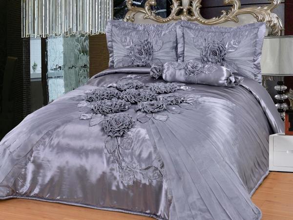 Saten Yatak Örtüsü Seti Hülya Çift Kişilik Gri 