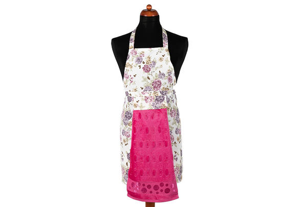 Dekonaz Çiçek Desenli Mutfak Önlüğü | Fuşya Havlu ve El Bezi Hediyeli | 73cm x 59cm