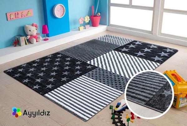 Ayyıldız Kids Yıldız Desenli Çocuk Halısı 100% PP Frise 11mm 2500 gr | Gri - Siyah | 540Grey
