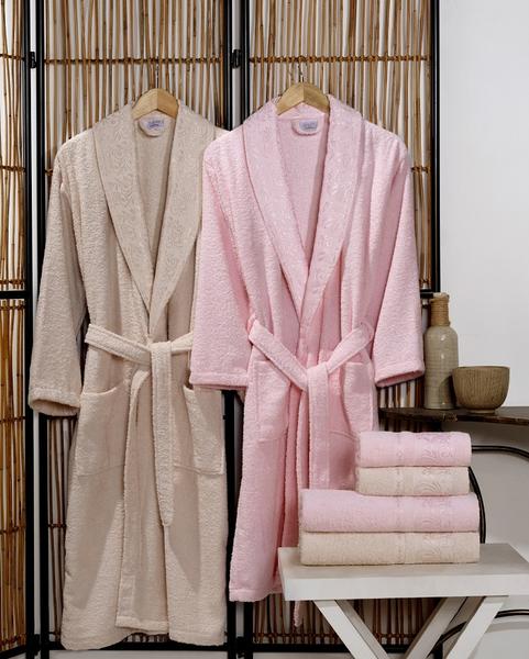 Soley Verda Jakarlı Aile Bornoz Seti Bej-Pembe