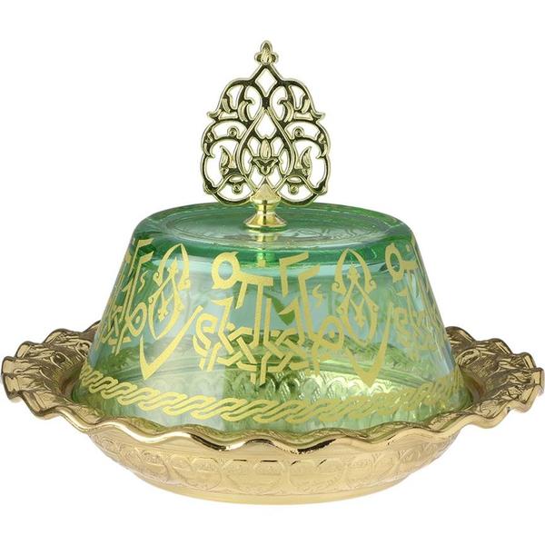 Lina Desenli Yeşil Cam Kapaklı Altın Motifli Lokumluk