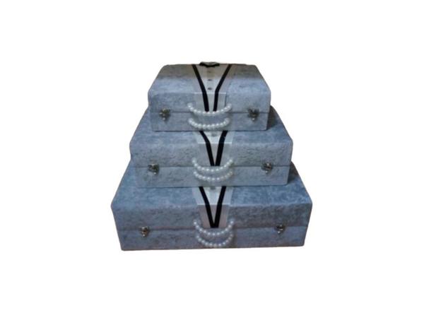 Groom Figured Pearly 3 Piece Dowry Bag Gris