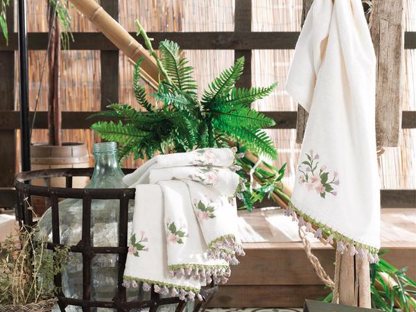 Nakışlı Manolya El İşi Çeyizlik Bambu Havlu Krem | Dantela