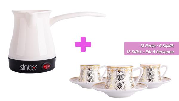 Sinbo Beyaz Elektrikli Türk Kahve Makinesi & Almina 6'lı Türk Kahve Seti