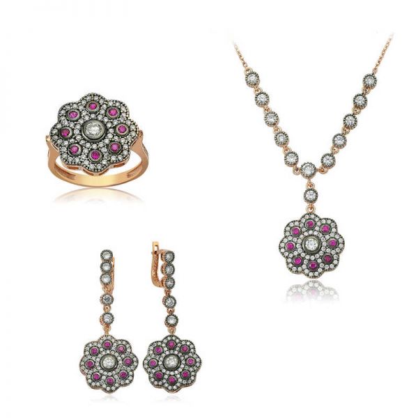 Gümüş Pembe Taşlı Çiçek Bayan Set