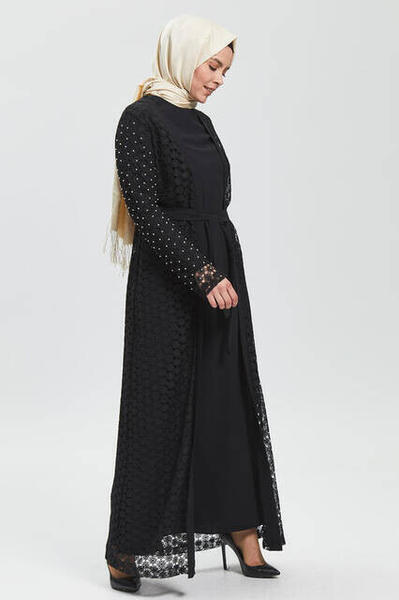 Derin Siyah Güpür İncili Ferace 8029-20