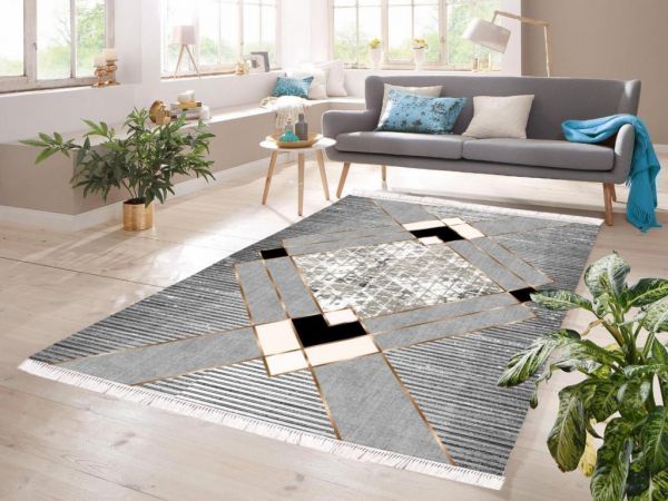 Dijital Baskı Kaymaz Taban Kadife Halı Square Gri 100x200 Cm