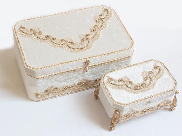 Fransız Güpürlü Lüx Bahama Kadife 2li Çeyiz Sandığı Krem