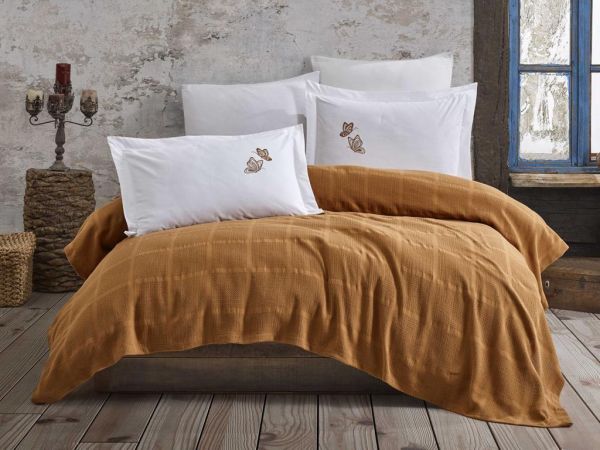 Çeyizdiyarı Rainbow Nakışlı Dokuma Pike Takımı Hardal