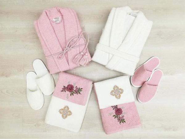 Garden Nakışlı Aile Bornoz Seti Pudra Krem