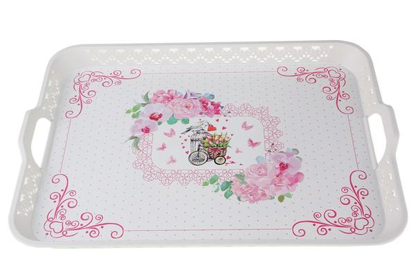 Dekonaz Servis Tepsisi Kuş Desenli Beyaz 52x38cm