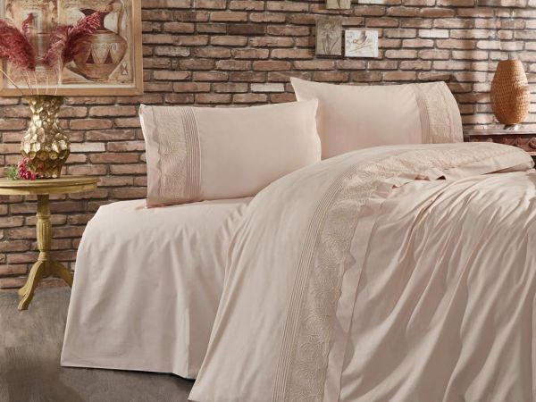 Ensemble de housse de couette double jardin Guipure Gönül Cappucino