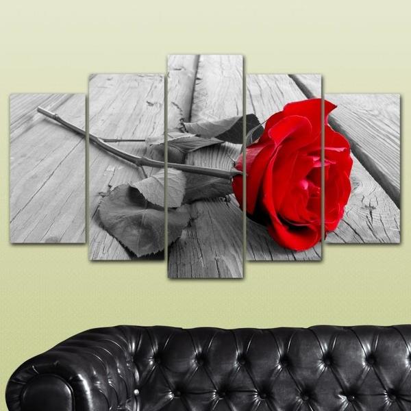 5 Parça Tablo - Siyah Beyaz Kırmızı Gül