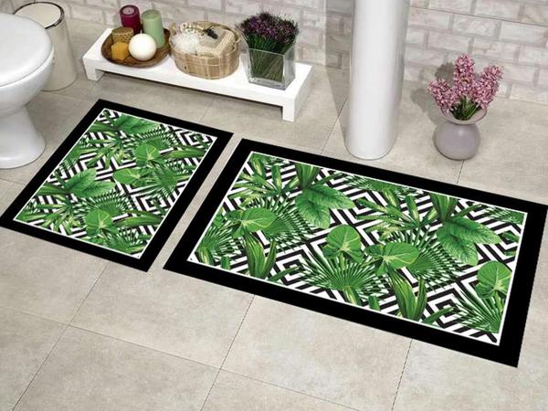 Elit Lüx Dikdörtgen 2'li Banyo Paspas Takımı Leaf Siyah