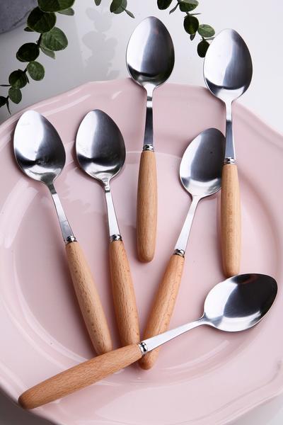 6 Pieces Bamboo Handle Luxury Table Spoons