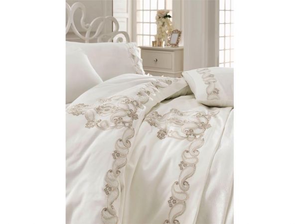 Fransız Güpürlü Pamuk Saten Zeren Gelin Seti Krem